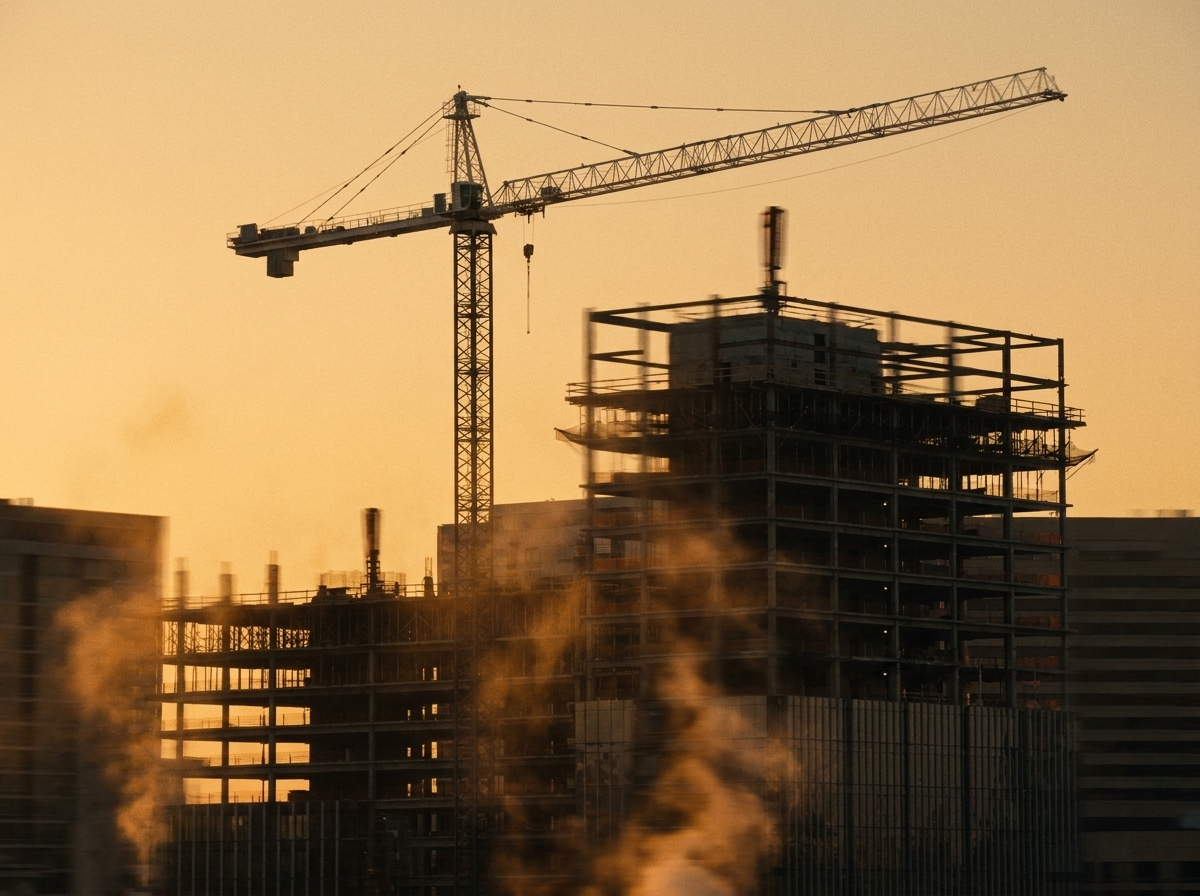 A tower crane over a steel frame building at dawn