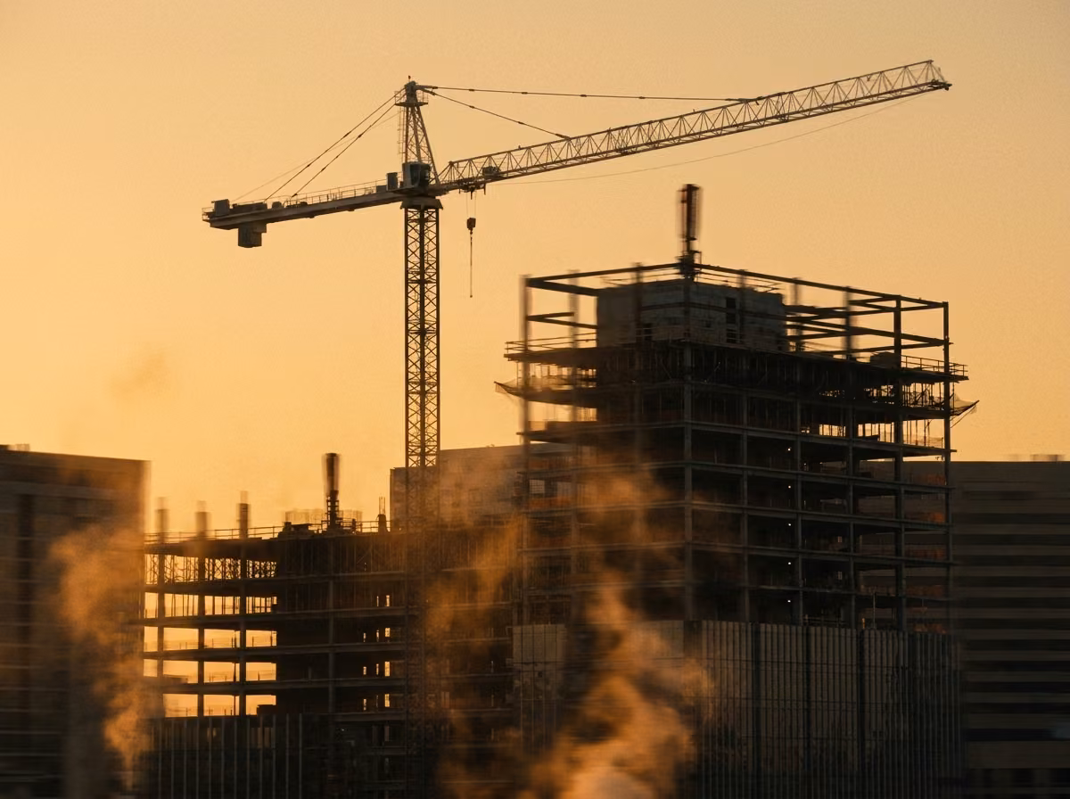 A tower crane over a steel frame building at dawn