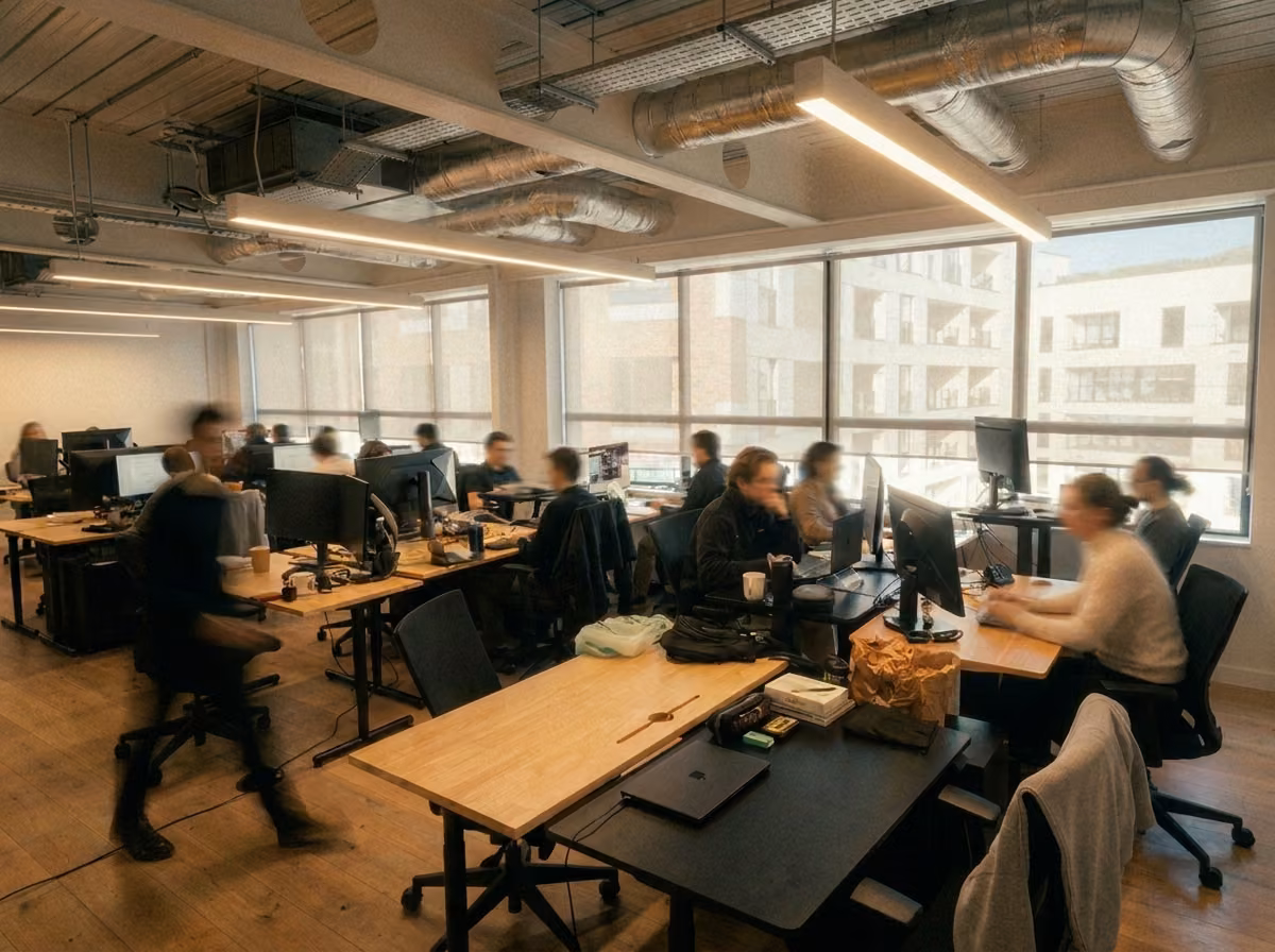 An open-plan engineering office with the team at work